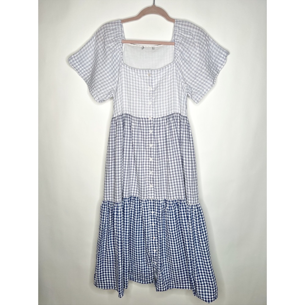 Madewell Patchwork Gingham Button Front Tiered Midi Dress Blue Purple Medium